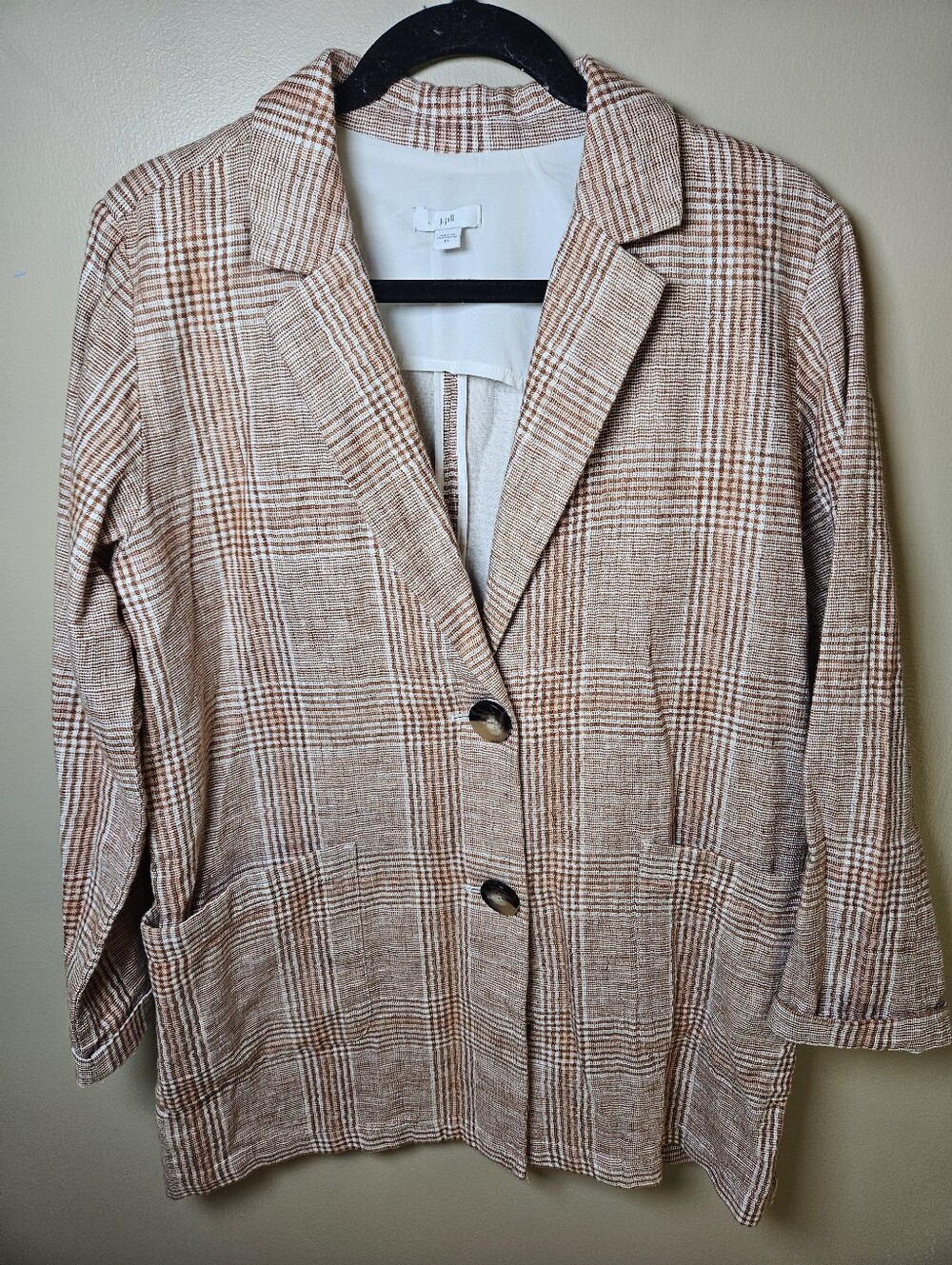J Jill Brown White Plaid Linen Blend Button Long Jacket Blazer XSmall Oversized